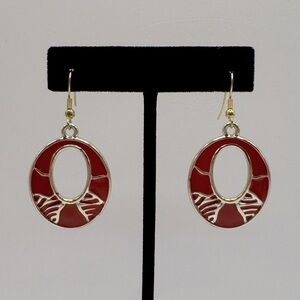 VINTAGE Oval Red Enamel Dangle Earrings